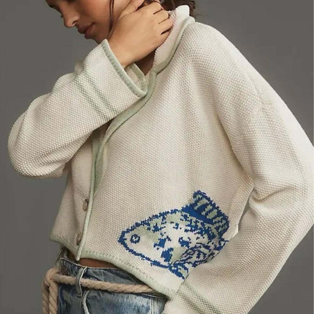 Anthropologie White and Blue Fish Cardigan
